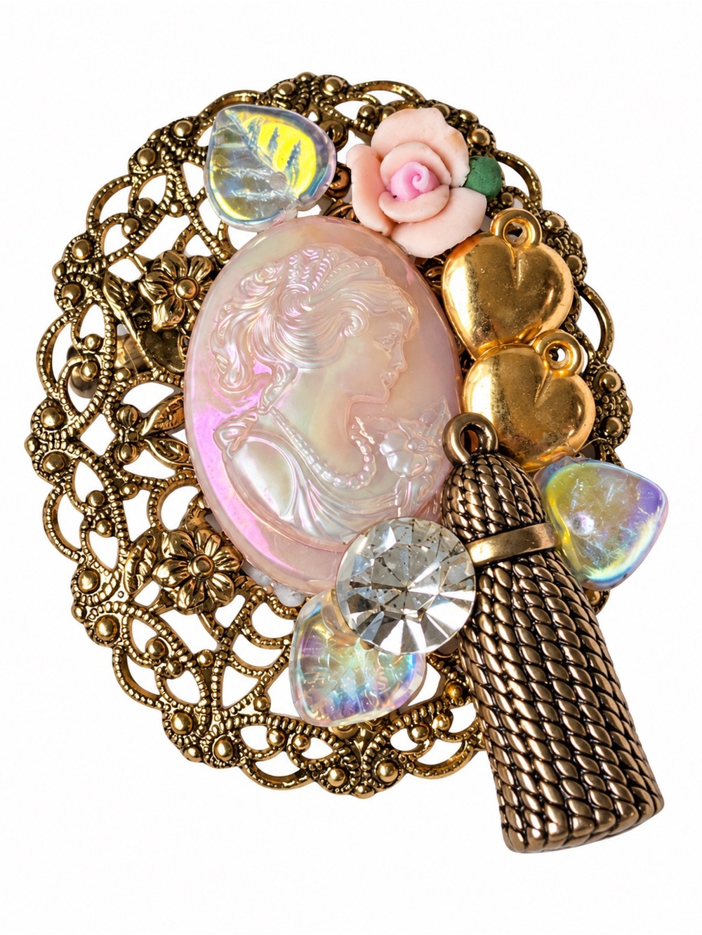 Vintage-Inspired Pink Cameo Filigree Brooch - Unbranded